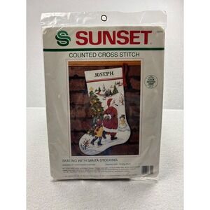 Vintage 1991 Sunset Skating With Santa Cross Stitch Stocking Kit 18324